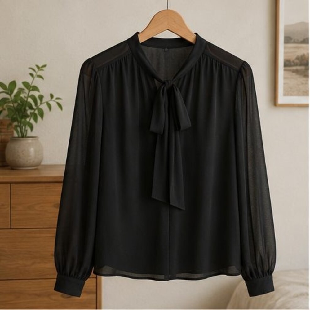Black Chiffon Tie Neck Blouse